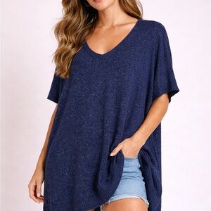 Roots Navy Knit Poncho Sweater | Relaxed V-Neck Oversized